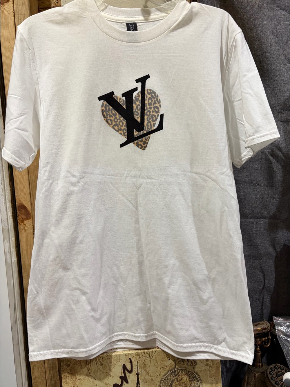 Custom White Short Sleeve Tee with Leopard Heart Logo Can make whatever you like